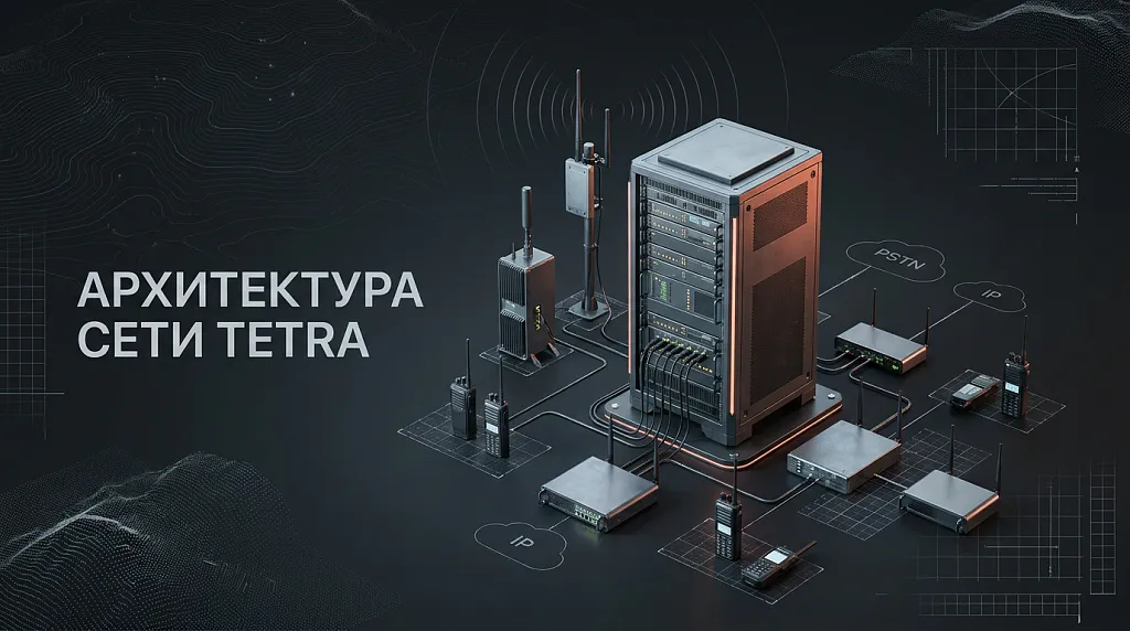 Архитектура типичной сети стандарта TETRA с коммутатором SwMI, базовыми станциями и терминалами.