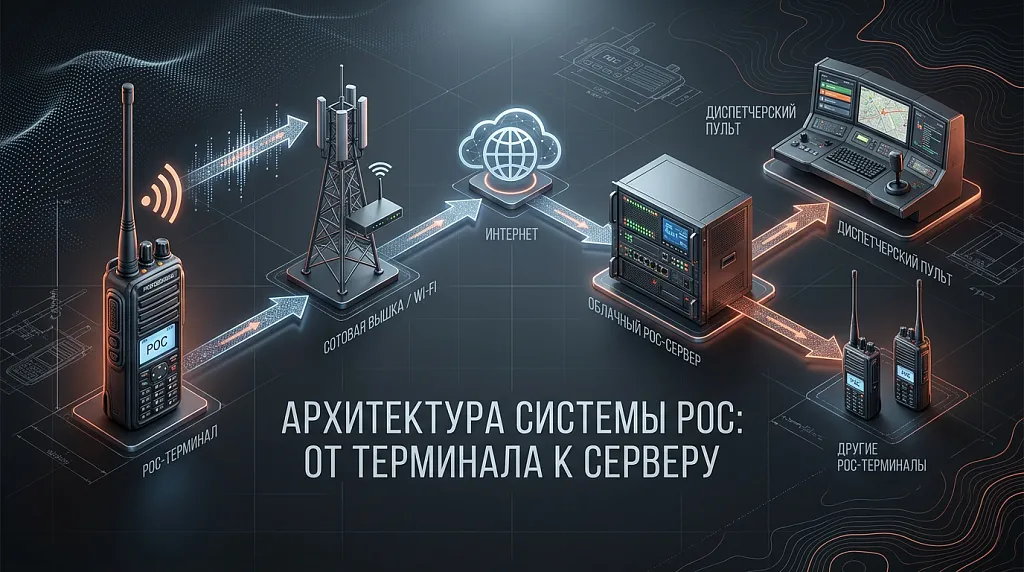 Архитектура работы PoC-системы: от радиостанции до облачного сервера через сотовую сеть.