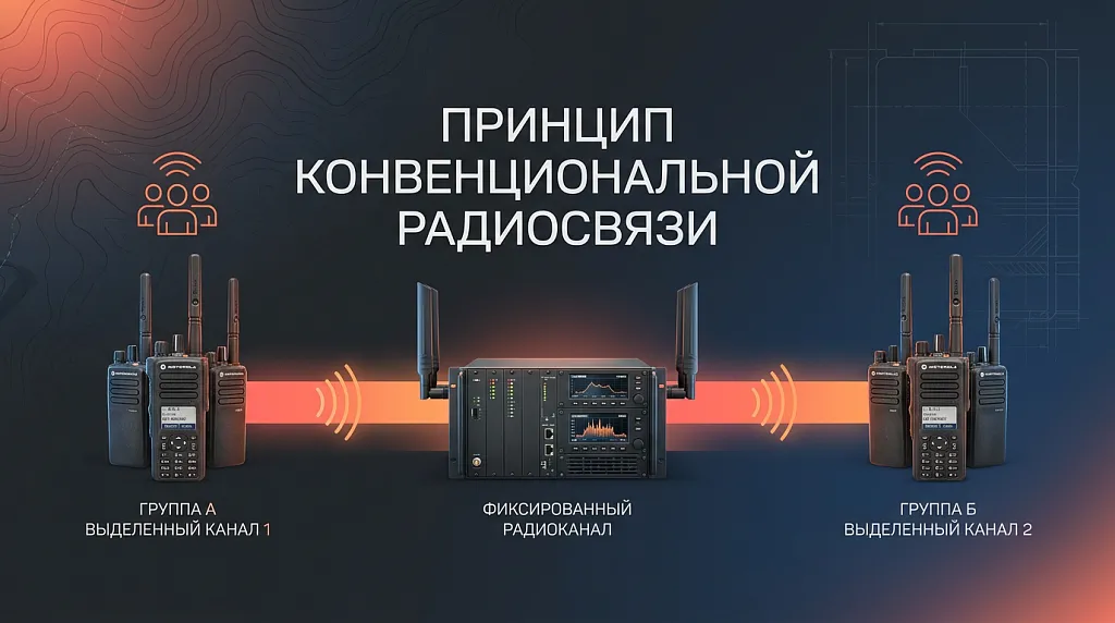 Инфографика, иллюстрирующая принцип конвенциональной радиосвязи.