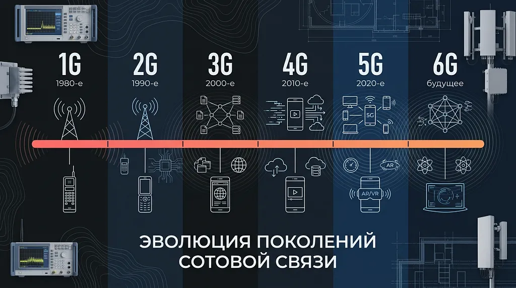 Интерактивная временная шкала поколений сотовой связи от 1G до 6G.