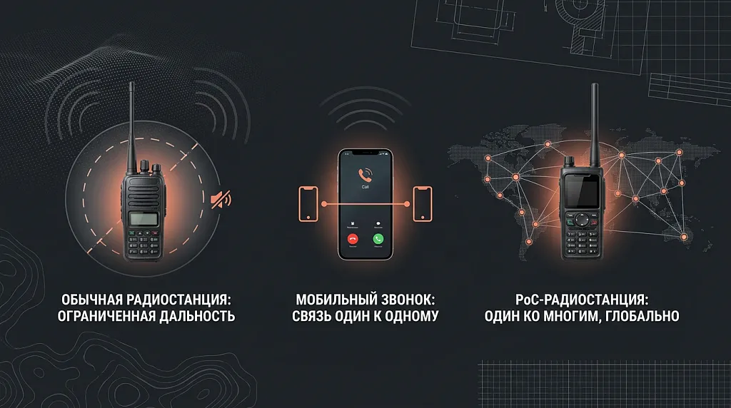 Сравнение принципов работы PoC-радиостанции, обычной радиостанции и мобильного телефона.